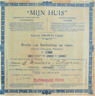 N.V. Mijn Huis - Antwerpen - Nom. Inschrijving 30 Aandelen (1936) Op Naam Van Madame A.Wauters-Colignon - Andere & Zonder Classificatie