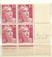 FRANCE N° 712 1F50 ROSE CARMIN TYPE MARIANNE DE GANDON TRAIT SUR L'EPAULE BLOC DE 4 NEUF SANS CHARNIERE - Ungebraucht