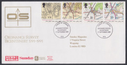 GB Great Britain 1991 Private FDC Ordnance Survey, Map, Maps, Tower Of London Postmark, First Day Cover - Brieven En Documenten