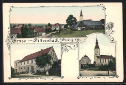AK Dittersbach / Ostritz, Gasthof Zur Grünen Aue, Kirche, Teilansicht Vom Ort  - Ostritz (Oberlausitz)