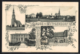 AK Wittgendorf I. S., Gasthof Z. Prinz Friedrich August A. Weber, Schule, Ortsansicht  - Autres & Non Classés