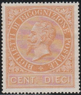 110 - Italia Ricognizione Postale 1874 - 10 C. Ocra Arancio N. 1. Cert. Todisco. Cat. € 600,00. SPLMNH - Neufs