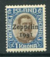 ICELAND 1931 Zeppelin Overprint On 1 Kr. MNH / ** Michel 148 - Ongebruikt