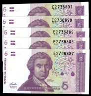 CROATIE - LOT 5 Billets De 5 Dinars - 1991 - P 17a - NEUFS - Croatia