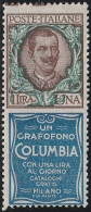 125 - Italia Regno -.Pubblicitari 1924/25 - L. 1 Columbia N. 19. Cert. R. Diena Cat. € 3600,00. MNH - Publicity