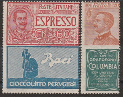 126 - Italia Regno -.Pubblicitari 1924/25 - 20 C. Columbia + 50 C. Perugina, Non Emessi N. 20/21. Cat. € 490,00. MNH - Publicity