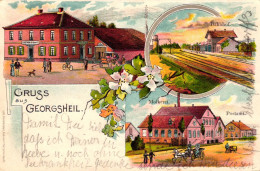 Georgsheil / Südbrookmerland, Farb-Litho Mit Bahnhof, Post, Molkerei U. Gasthof Uphoff, 1901 - Aurich