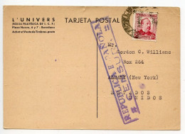 Spain 1937 Postcard; Barelona - Iberia Carto-Filatelic To Albany, New York; 25c. Manuel Ruiz-Zorrila; Censor Handstamp - Brieven En Documenten