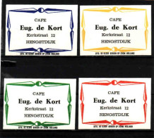 4 Dutch Matchbox Labels, Hengstdijk - Zeeland, Café Eug. De Kort, Holland, Netherlands - Matchbox Labels