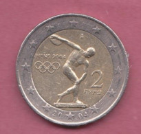 Greece, 2004- 2 Euros- Bimetallic Nickel Brass Clad Nickel Center In Copper-nickel Ring- Obverse Myron Discus Thrower - Greece