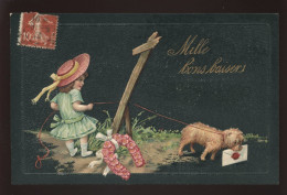 ENFANTS - FANTAISIE - FILLETTE - CHIEN - FER A CHEVAL - CARTE GAUFREE - Other & Unclassified