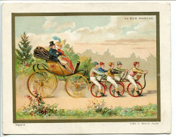 CHROMO AU BON MARCHÉ 13,80 X 10,80 Cm Départ Pour Les Courses (Hippiques) En 1819 Jockeys Sur Tricycle Tirant Calèche - Au Bon Marché