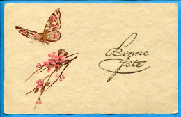 Bonne Fête ( Ecriture Dorée Gaufrée ) PAPILLON Branche Fleurie Fleurs Roses - Non écrite - Other & Unclassified