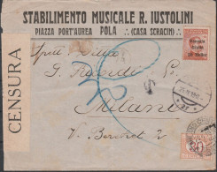 175 - Lettera Da Pola Del 25.04.1919 Per Milano, Affrancata Venezia Giulia 20 H. Su 20 C. N. 31 Non Annullato, Tassata I - Venezia Giuliana