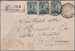 198 - Lettera Raccomandata Da Valona Del 20.09.1917 Per Milano, Affrancata Con Con Una Coppia Orizzontale + Singolo V. E - Albania