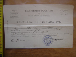 1898 Recensement CHEVAL JUMENTS MULETS MULES Certificat Declaration HORSE - Autres & Non Classés