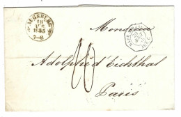 1855 - Letter From AUGSBURG  To Paris  Rating 10 - Entrance Hexag.  Black  BADE STRASB.  AMB. C - Covers & Documents