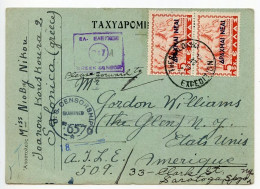 Greece 1945 Postcard; Salonica (Thessaloniki) To New York; 5d. Chariot Of Panathenaic Festival W/ Overprint; Censors - Lettres & Documents