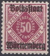 Württemberg 50 Pfg 1919 Type A Surchargé Volkstaat Württemberg (H34) - Other & Unclassified