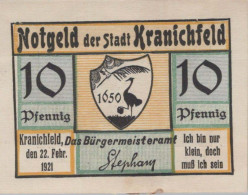 10 PFENNIG 1921 Stadt KRANICHFELD Thuringia UNC DEUTSCHLAND Notgeld #PI116 - [11] Local Banknote Issues