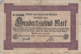 100000 MARK 1923 Stadt AACHEN Rhine DEUTSCHLAND Papiergeld Banknote #PK966 - Lokale Ausgaben