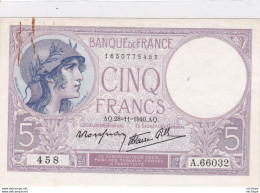 5 Francs  - Violet   A Q 28 / 11 -  1940  - 458     TT B + - 5 F 1917-1940 ''Violet''