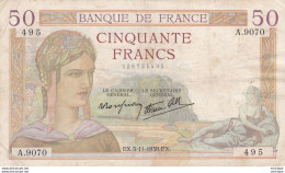 50 Francs  - Ceres  .  EX . 3 - 11 - 1938 . A .9070 - 495 - 50 F 1934-1940 ''Cérès''