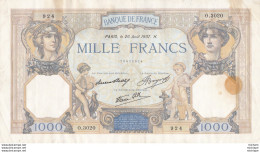 1000 Francs - Ceres Et Mercure  -1937 - O 3020 Ce Billet A Circulé  - Vendu En L'etat - 1 000 F 1927-1940 ''Cérès E Mercure''