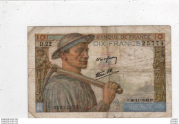 Billet -  FRANCE - 10 Francs  MINEUR - D . 22   - D . 26 - 11 - 1942 . D        25774 - 10 F 1941-1949 ''Mineur''