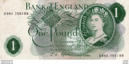 Billet  BANK OF ENGLAND ONE POUND N °R 98 A 755199  Ce Billet A Circulé - Other & Unclassified