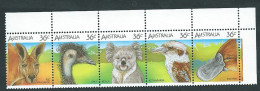Australia, Australien, Australie 1986;Streifen, Australische Tiere: Canguro, Emù, Koala, Kookaburra, Ornitorinco. - Ongebruikt