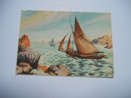 THEME DIVERS CARTE COULEUR ANCIENNE GAUFRE SANS ECRITURE DESSIN PEINTURE VIVIEF ROCHER BARQUE BATEAU DE PECHE  OU VOILIE - Pittura & Quadri