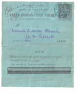 PARIS 45 Av Champs Elysées Carte Lettre Entier Pneumatique 50c Chaplain Yv 2553 Ob 3 4 1899 Dest R Bleue - Pneumatiques