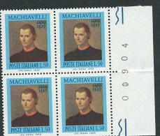 Italia 1969; Nicolò Machiavelli, Storico, Filosofo, Scrittore, Politico. Quartina Con Il Numero Del Foglio. - 1946-60: Oblitérés