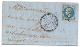 LT5982 N°29B/Lettre, Oblitéré Cachet Perlé Et GC 4975 CIRY-LE-NOBLE(70), Indice 12 Du 14 Oct. 1869, Au Dos Cachet Des Bu - 1863-1870 Napoléon III Lauré