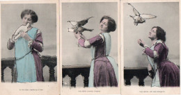 4V5Hy    Lot De 3 Cpa Série Femme Amoureuse Et Oiseau Messager Paillettes - Vögel