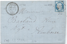 LT5989  N°60/Lettre, Oblitéré Cachet Perlé Et GC 4574 CHOUZY(40), Indice 16 Pour AMBOISE(36) Du 11 Janv. 1875 - 1871-1875 Ceres