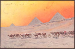 F-EX45326 EGYPT 1912 POSTCARD ALEXANDRIE ARCHEOLOGY CAMELS & PYRAMIDS TO SPAIN.  - Pyramids