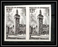 France N°1025 Tour De L'Horloge Jacquemart De Moulins Allier Non Dentelé ** MNH (Imperf) Paire Cote Maury 70 Euros - 1951-1960