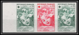 France N°1366 Croix Rouge Red Cross 1962 Essai Proof Non Dentelé ** MNH Imperf Fragonard Tableau Painting Bande 3 Strip - Color Proofs 1945-…