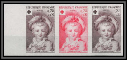 France N°1367 Croix Rouge Red Cross 1962 Essai Proof Non Dentelé ** MNH Imperf Fragonard Tableau Painting Bande 3 Strip - Color Proofs 1945-…