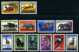 Congo (Kinshasa) 1960 Katanga, Overprints 12v, Mint NH, Nature - Animals (others & Mixed) - Elephants - Giraffe - Monk.. - Other & Unclassified