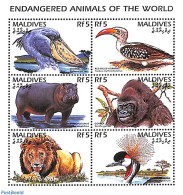 Maldives 1996 Rare Animals 6v M/s, Mint NH, Nature - Animals (others & Mixed) - Birds - Cat Family - Hippopotamus - Mo.. - Malediven (1965-...)