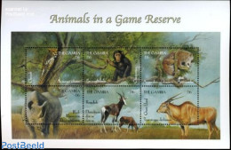 Gambia 2000 Animals 6v M/s, Mint NH, Nature - Animals (others & Mixed) - Cat Family - Monkeys - Rhinoceros - Gambie (...-1964)