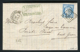 Rare Lettre De Pennantier Par Carcassonne Pour Pointis Inard ( Aude 1874 ) Avec Un N° 60 - Cachet OR - 1849-1876: Klassik