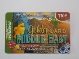 CARTE TELEPHONIQUE    Iradium    "Golden Card Middle East "  7.50 Euros - Mobicartes (recharges)