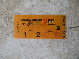 Titre De Transport Mensuel Métro Bus Underground France RAPT Coupon De Carte Orange 2 Zones Mars 1990 - Europe