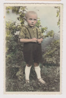 Cute Boy With Shorts And Socks, Portrait In Garden, Vintage 1930s Orig Tinted Photo 8.8x13.6cm. (1112) - Anonymous Persons