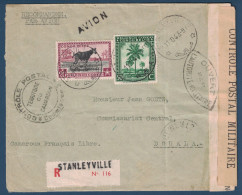 LETTRE COVER RECOMMANDÉE STANLEYVILLE CONGO BELGE 1943 Pour DOUALA CAMEROUN BANDE CACHET DE CENSURE CONTROLE POSTAL WW2 - Covers & Documents