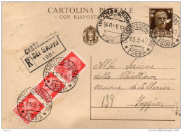 1940 CARTOLINA RACCOMANDATA CON ANNULLO CASTELLUCCIO DEI SAURI FOGGIA - Stamped Stationery